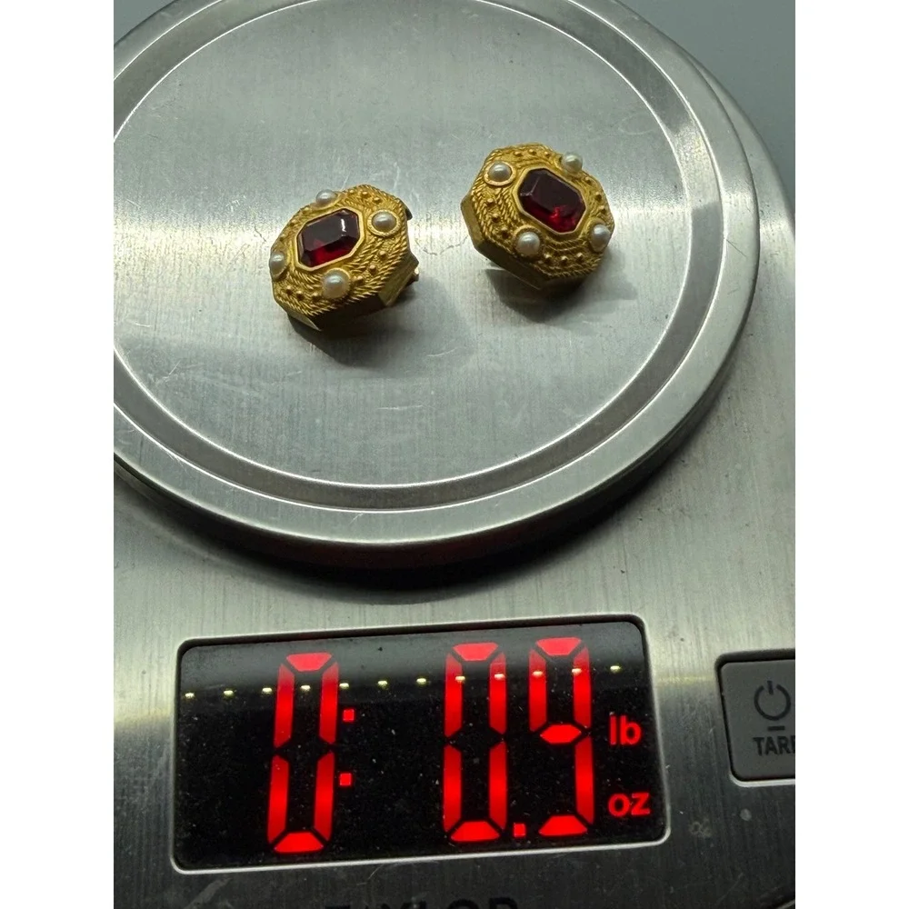 Joan Rivers Clip On Earrings Matt Gold Tone Red Faceted Center Imitation Pearls